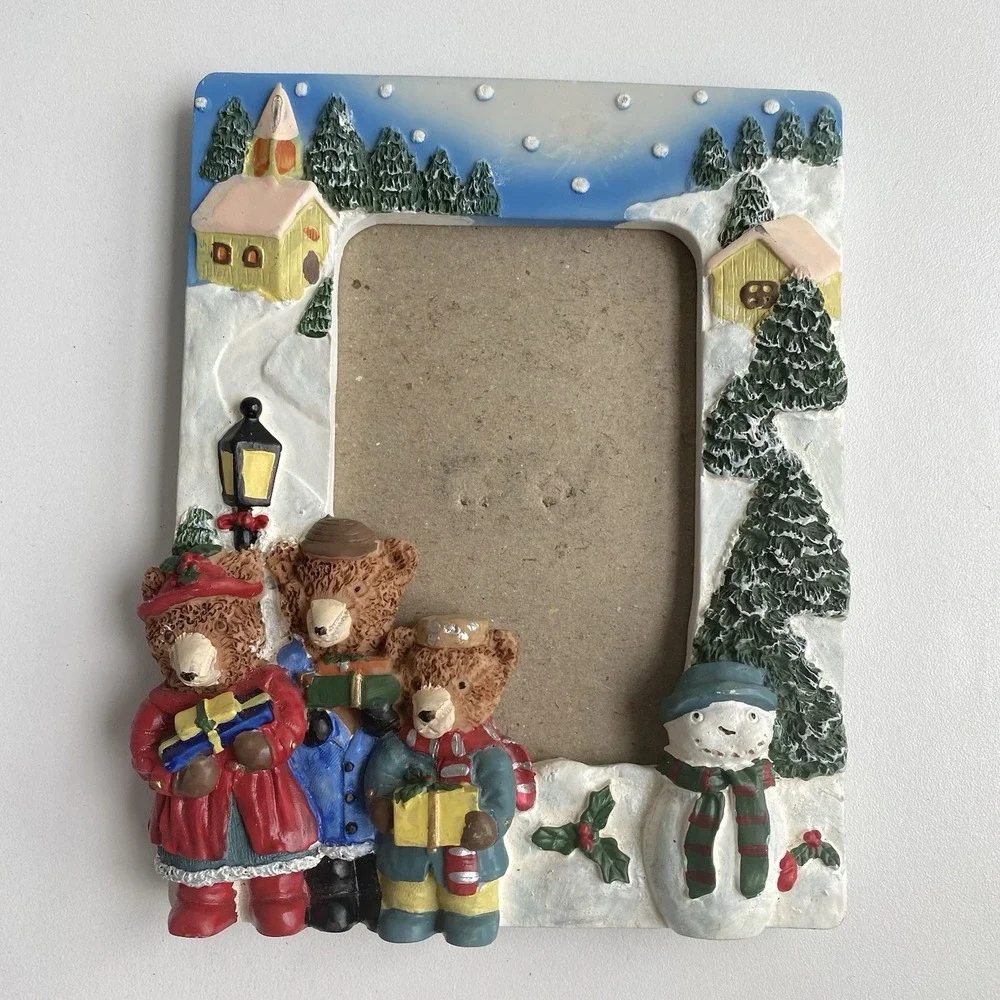 Vintage Christmas 3D‎ Resin Picture Frame Bears Snowman 4x6 Photo No Glass